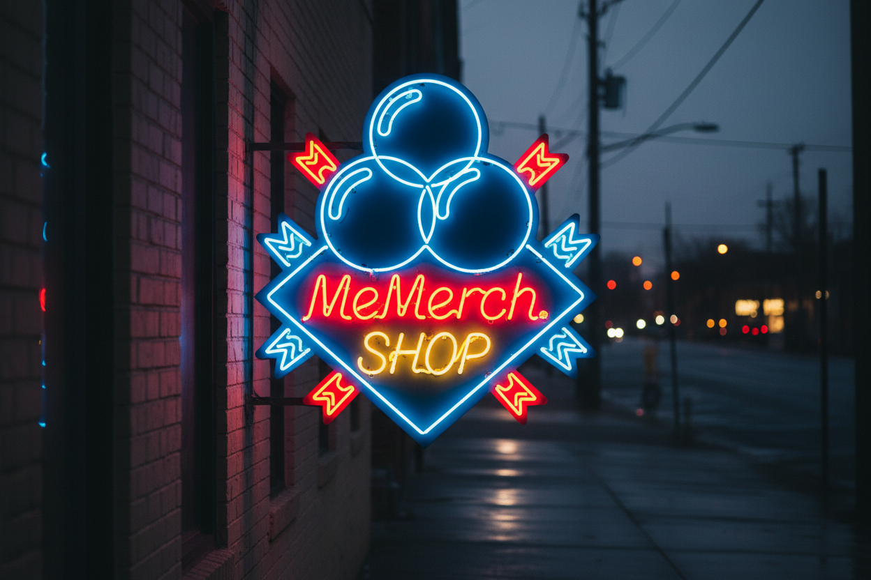 MeMerch.SHOP as a lit up pawn shop sign.